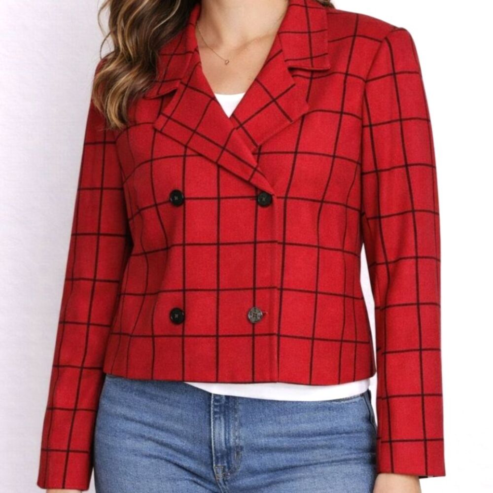 VTG Kathy Lee Red Windowpane Plaid Wool Blend Cropped Blazer Jacket Women's 12